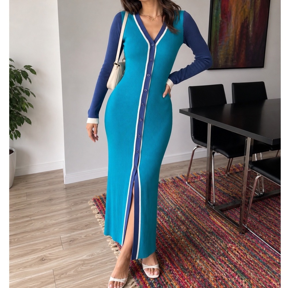 Dee Elly Ribbed Knit Maxi Dress Colorblock Button Front Teal Navy Blue Med o2